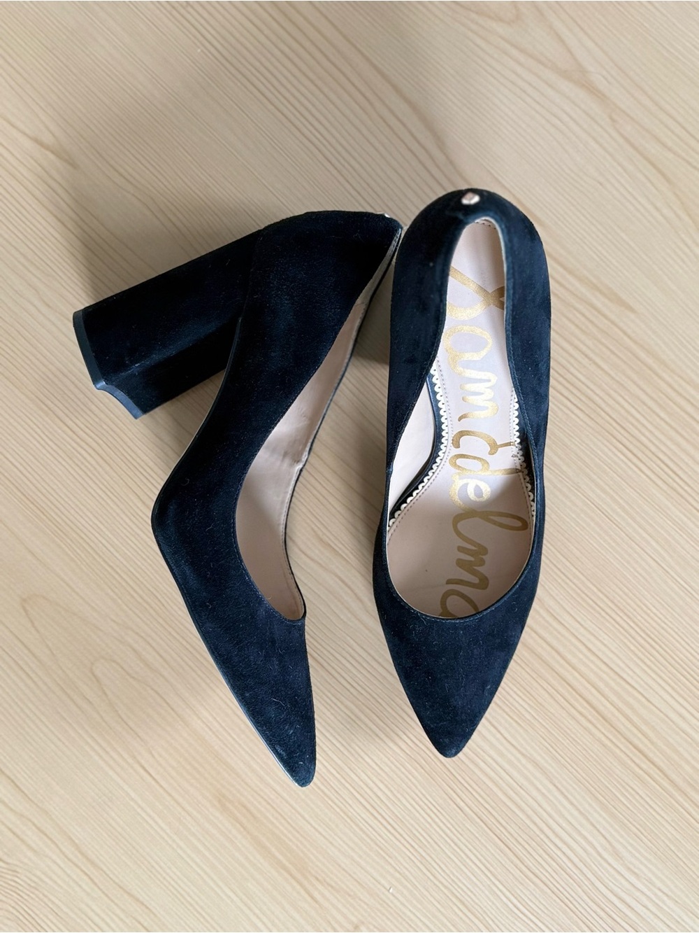 Sam Edelman Black Suede Pointed Toe Block Heel Pumps Leather Designer Heels